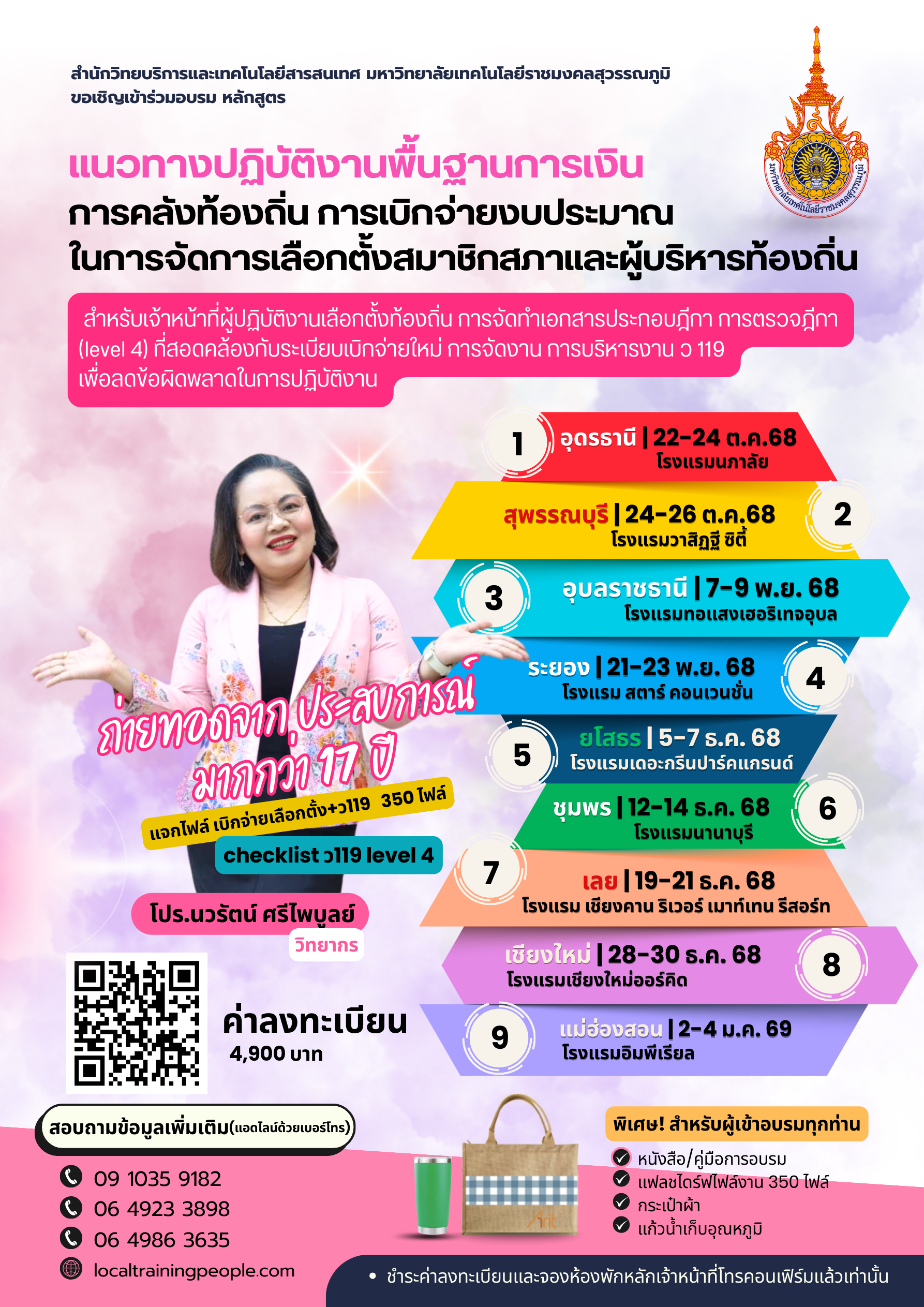 หลักสูตร  “แนวทางปฏิบัติงานพื้นฐานการเงินการคลังท้องถิ่น การเบิกจ่ายงบประมาณในการจัดการเลือกตั้งสมาชิกสภาและผู้บริหารท้องถิ่น สำหรับเจ้าหน้าที่ผู้ปฏิบัติงานเลือกตั้งท้องถิ่น การจัดทำเอกสารประกอบฎีกา การตรวจฎีกา (level 4) ที่สอดคล้องกับระเบียบเบิกจ่ายใหม่ การจัดงาน การบริหารงาน  ว 119 เพื่อลดข้อผิดพลาดในการปฏิบัติงาน”